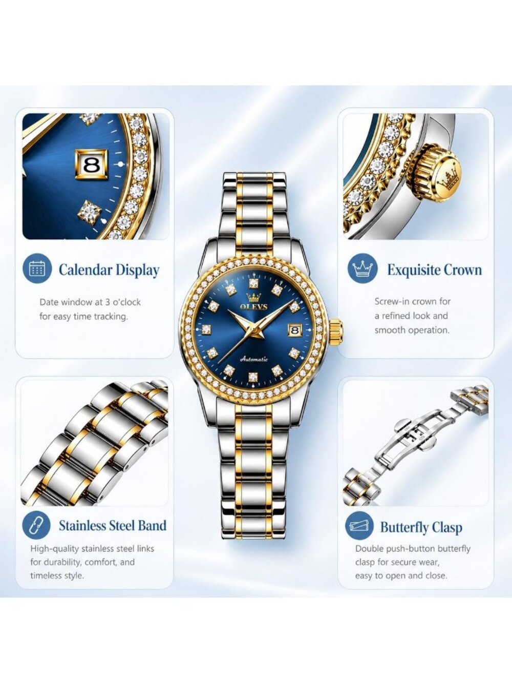 Women's Gold Blue Waterproof Long Band for Medium Wrist Stainless Steel Watch - Picture 4 of 6